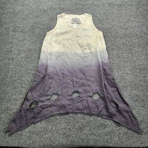 Cheyenne Ombre Linen Cut Out Artsy Lagenlook Sharkbite Hem Dress Gray White‎ S/M